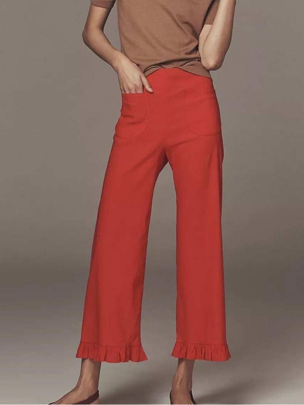 Maeve The Colette Ruffle Hem Wide Leg Pants in Red Size 27